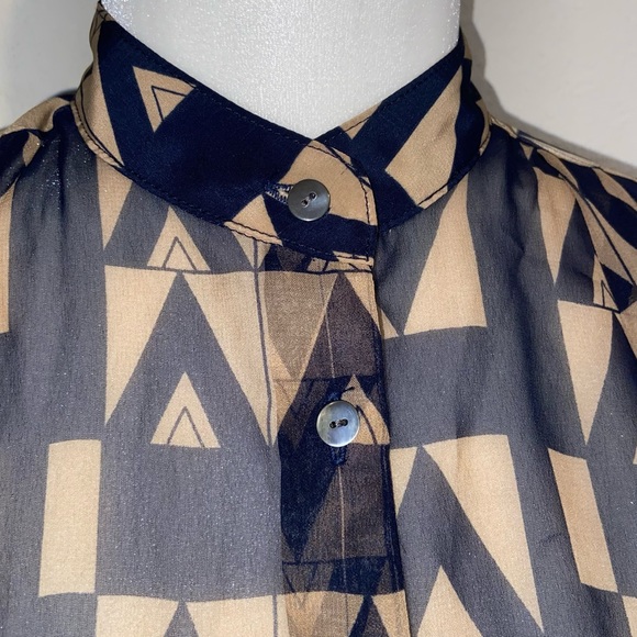 Zoa New York Anthropologie Blue Tan Sheer Geometric Print Long-Sleeve Small - Picture 3 of 6